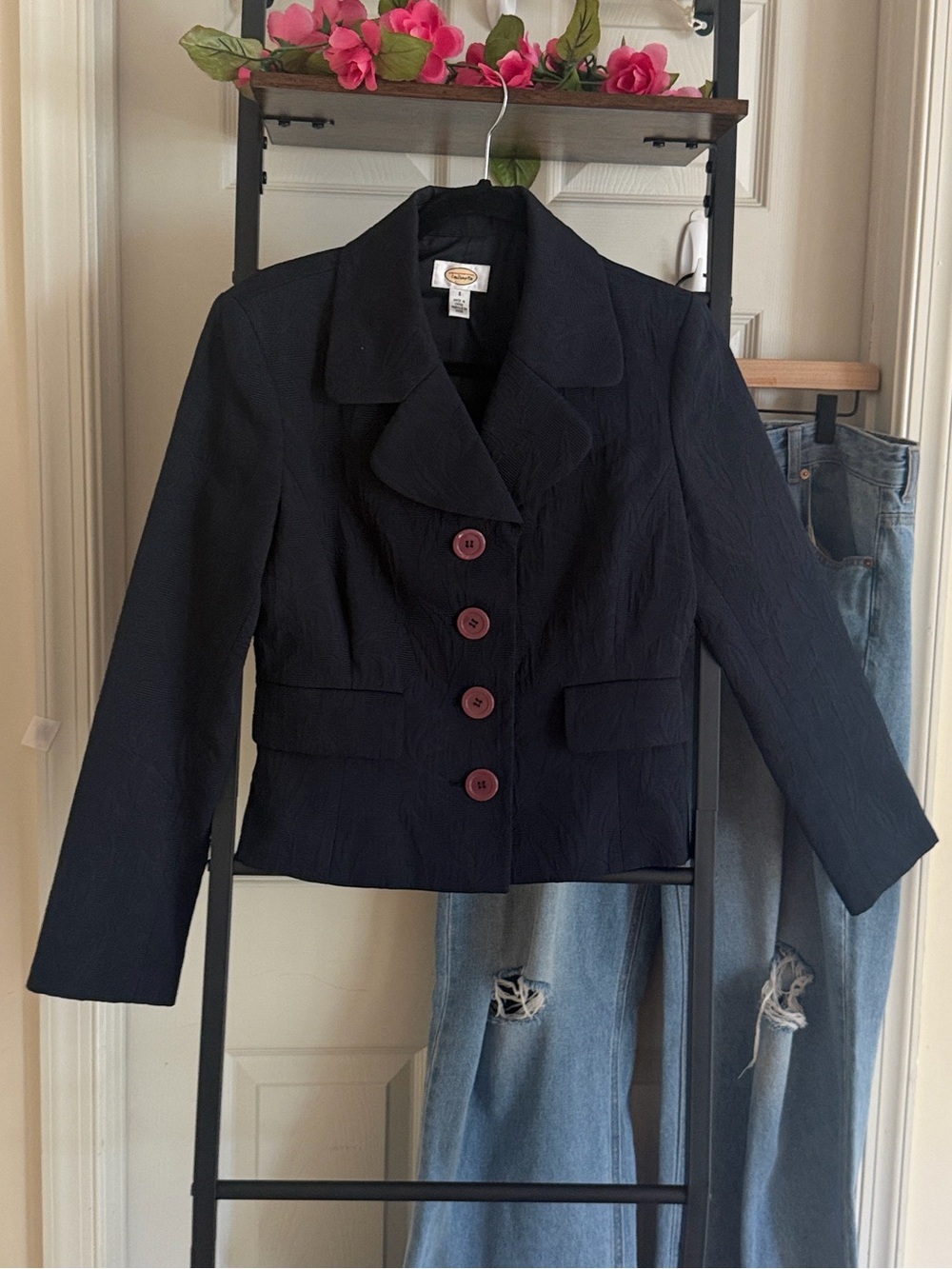 Talbots Navy Blue Cropped Structured Blazer with Burgundy Buttons - Picture 16 of 16